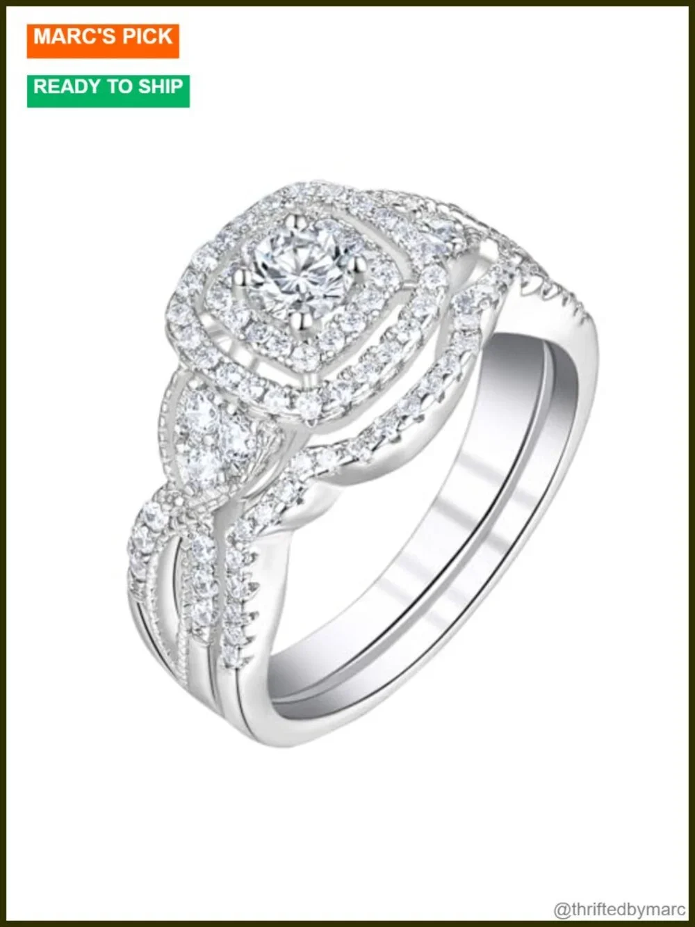 Halo Wedding Ring Set White Gold Silver Plated Cubic Zirconia Bridal Set